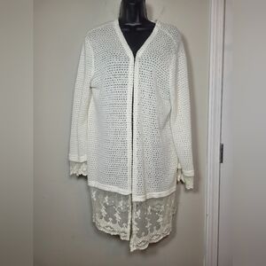 Umgee Boho Lace Trim Open Knit White Long Line Open Front Cardigan sz M A4446